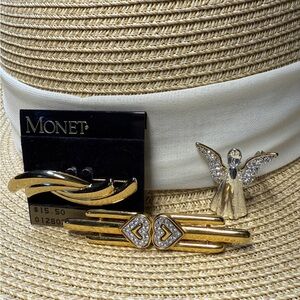 Monet Brooches Gold Tone Three Signed Vintage Pieces